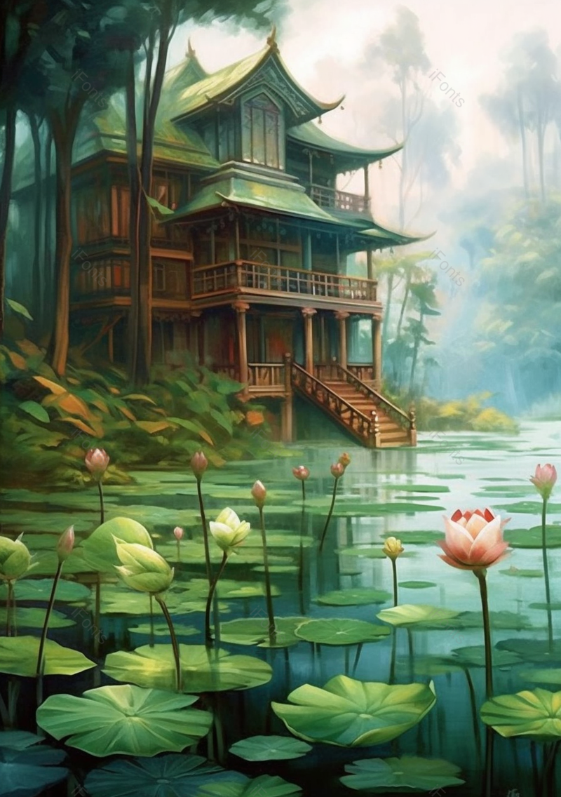 绿色森林中池塘荷叶古典建筑房屋楼阁背景,插画/手绘图,插画/手绘图库,插画/手绘图下载,插画/手绘